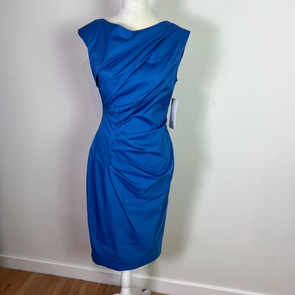 Lela Rose Ocean Draped Bodice Boatneck Ruched Midi Dress New Size 8 Wedding